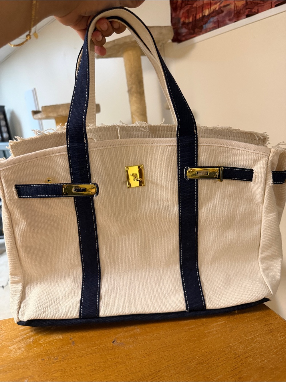 Canvas Tote with Navy Trim and Gold Hardware